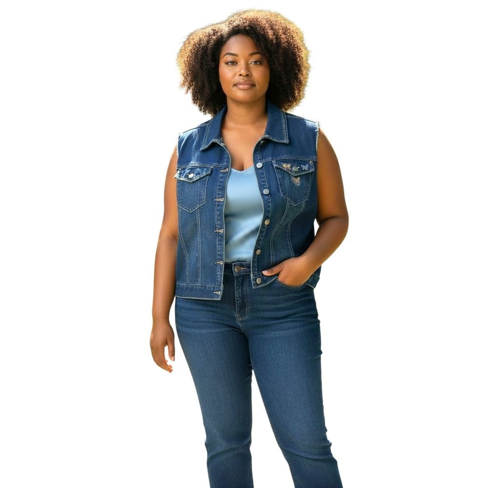 Forever‎ 21 Plus Size 3X Denim Vest Medium Wash Butterfly Cowgirl Distressed